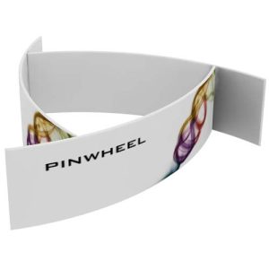 Pinwheel shaped hanging sign, simple graphic describing above.