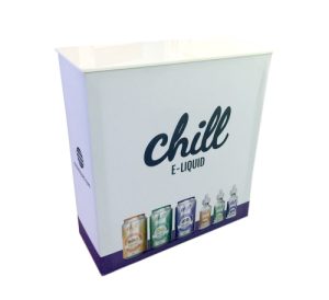 Fabric wrapped cabinet featuring a graphic for e-vapes, features a hard top surface.